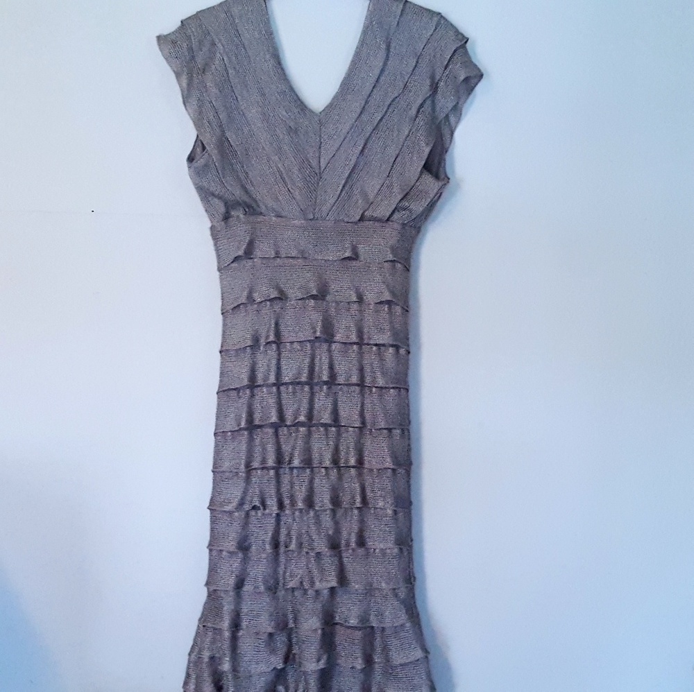 Vtg. Max Studio Tiered Ruffled Midi Dress Sz M Gauze‎ Gray